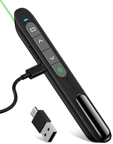 Wiederaufladbare USB C Grün Presenter, 2.4 GHz Wireless Powerpoint Fernbedienung, Grün Pointer für Präsentationen, Präsentationsfernbedienung für Windows/Mac/PowerPoint/Keynote/Google Slides/PDF