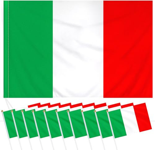 Bigqin 90x145 cm Große Italien Flagge mit 10 Stück 14×21cm Klein Italien Fahne Set, Italienische Flagge Hausgarten Party Bar Deko