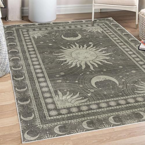 ABAKUHAUS Sonne und Mond Dekorativer Teppich, Bohemian Okkultes Design, Hochwertiger Flächenteppich für Schlafzimmer und Wohnzimmer, 122x170 cm, Grün