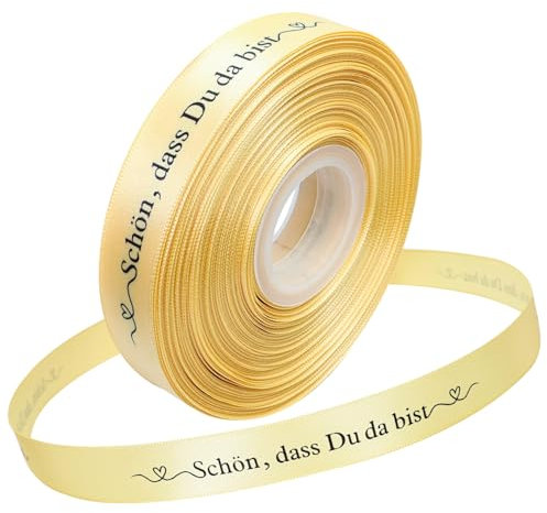 TOPWAYS Satinband Geschenkband, 36Meter 'Schön, dass Du da bist' Geschenkband Breit Schleifenband Hochzeit Satinband Bänder für Taufe Geburtstag Hochzeit Deko Geschenkverpackung (Gold, 20mm)