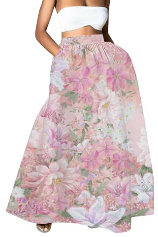 hahuha Gonna lunga da donna con stampa floreale, a vita alta, per feste in spiaggia, con tasche, gonna a quadri, rosa, XL
