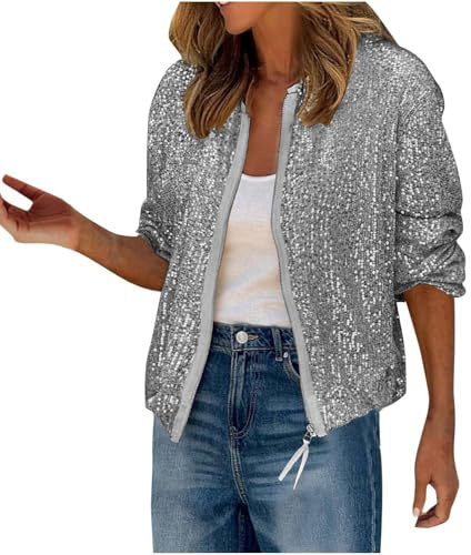 Mrat Sequin Jacket For Women Uk Sparkly Sequin Bomber Jacket Coat Long Sleeve Front Zip Up Ladies Glitter Tops Biker Shiny Clubbing Party Club Metallic Festival Outfit Going Out