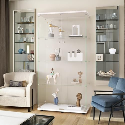 Vitrine en Verre de 164 cm, Armoire de Collection Moderne avec 2 Portes et Serrure, 4 Couches de Rangement Debout pour Salon, Chambre à Coucher, Bureau, Blanc