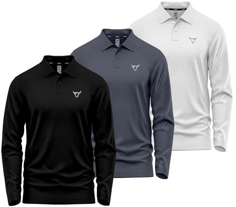 Pack of 3 Mens Polo T Shirt Regular Fit Olympic Casual Uniform Party Wear Multi-Colours Long Full Sleeves Button Up Adults Gift Polo Top