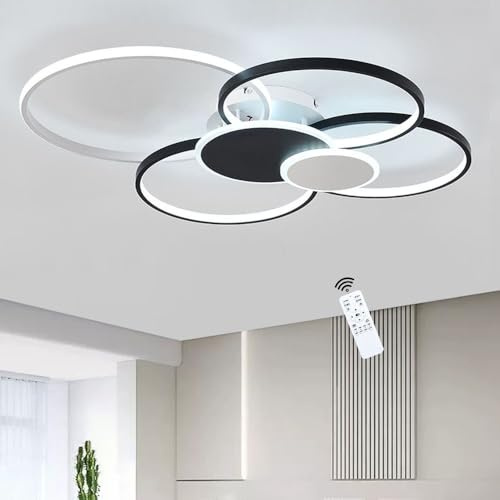 LED Deckenlampe Wohnzimmer Modern dimmbare Ringe 100×82cm 90W Schwarz-Weiß | Deckenleuchte wohnzimmer modern mit fernbedienung, 3000K‑6500K, helligkeit 10‑100% regelbar, speicherfunktion, 6‑ring‑design