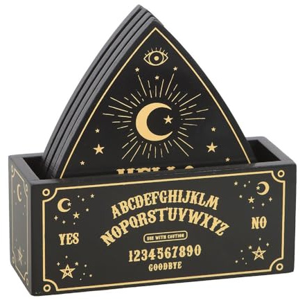 Set of 4 Celestial Planchette Shaped Coasters with Black & Gold Design and Matching Holder – Unique Talking Board Style for Modern Home Decor – Easy to Clean and Store