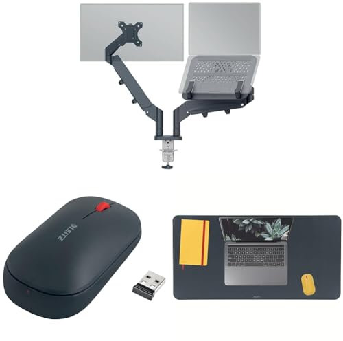 Leitz Ergo Set platzsparender Monitor-Arm mit SureTrack Bluetooth Maus & Schreibtischunterlage, 1 Monitor bis 32'' & 9 kg und Notebooks bis 17'', IGR- & TÜV-geprüft, 65380089 + 65310089 + 52680089