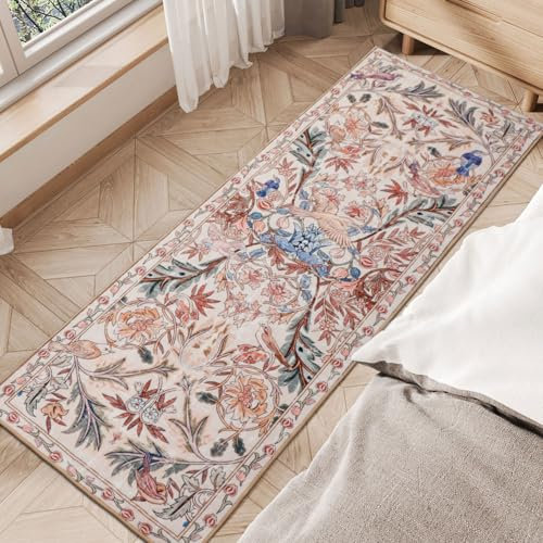 TUKDAK Vogel Teppich Läufer für Flur 60×180cm, Rose Waschbarer Küche Läuferteppich mit Antirutsch Gummirücken, Weicher Kurzflor Schlafzimmer Teppich, Vintage Lang Matte für Eingang Büro Badezimmer