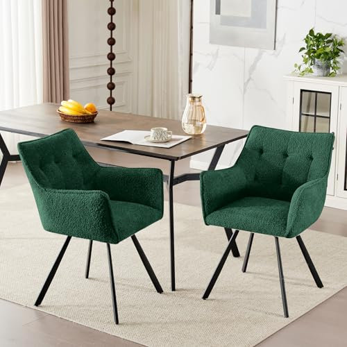 Ckaff Drehbare Esszimmerstühle 2er Set, Küchenstuhl mit Armlehne Rückenlehne, Polsterstuhl Armlehnstuhl mit Metallbeinen Loungesessel für Wohnzimmer, Esszimmer, Schlafzimmer, Lesee, Dunkelgrün