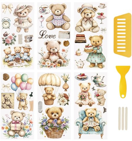 WANDIC Black White Rub On Transfer Sticker, Vintage Pattern Stickers Transfer Decals for DIY Photo Albums Furniture, 5.9 * 11.8in (Retro Bear, 6)