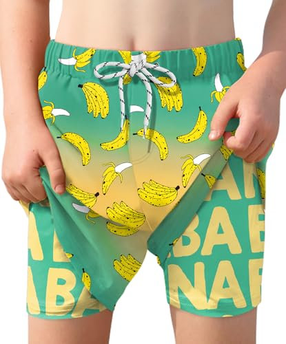 BesserBay Jungen Schnelltrocknend UPF 50+ Badehosen mit Kompression Innenhose Swim Shorts Grün Gelb Bananen 160