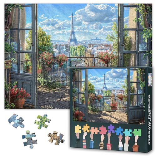 1000 Teile Puzzle Pariser Stadtpanorama mit Eiffelturm Romantischer Blick von der Dachterrasse & Französisches Kulturerbe Anspruchsvolles Erwachsenenpuzzle als Wanddekoration Kunstvolle