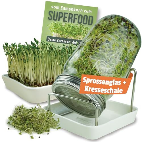 Vitaja Sprossenglas Keimglas Set mit Keramikschale - Set für Sprossen Anzucht - (inkl. Abdunklungshülle) - Keimgläser für Sprossenzucht - Anzuchtset für die Fensterbank (Glas + Anzuchtsschale)