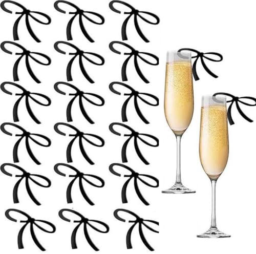 NT-ling Bows Drink Tags, 20PCS Bow Wine Glass Markers, Acrylic Bowknot Charm Wineglass Decor Tag Coquette Birthday Wedding Cocktail Party Decorations Pink Bow Party (Black)