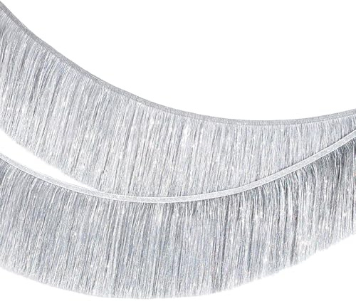 MOMAHUA Lametta Fransen Girlande Laser Silber, 20x200cm Metallic Foil Fringe Garland Lametta Glitzer Vorhang für Parade Floats, Verlobung Hochzeit, Weihnachten, Geburtstagsparty, Fransengirlande