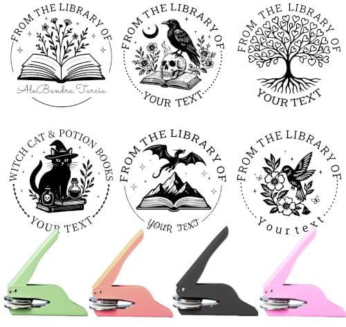 62 Designs Book Embosser Personalised Stamp, Custom Wedding Books Embosser from The Library of, 40MM Book Embosser Dragon Flower Cat Loyalty Card Stamp