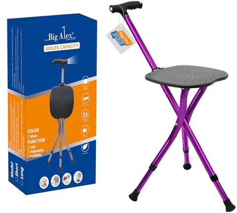 BigAlex Alloy Folding Cane with Seat, Lightweight Adjustable Walking Cane with Seat, Cane Seat with LED for Woman/Man, Comfortable Handle and 3 Non-Slip Legs, Walking Stick for Seniors,Purple