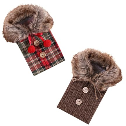MOLUCKFU 2 Pièces Housse de Bouteille Vin Noël avec Noeud et Col Fausse Fourrure Décoration Festive pour Fête de Vin Couvre-bouteille Rouge à Carreaux et Lin Gris