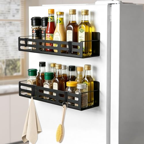 BTIUGYI 2 Stück Magnetisch Kühlschrank Gewürzregal, Beweglichen Magnetregale Kühlschrank mit 4 Haken, Schwarz Magnet Regal, für Gewürze, Gläser