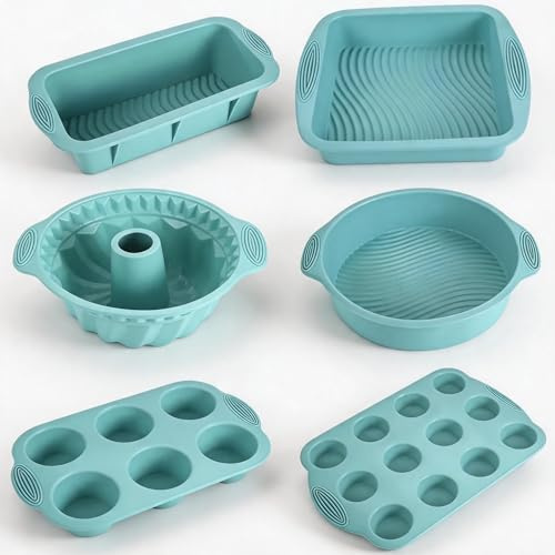 JUVENPROTO 6 in 1 Silicone Baking Pan Tin Plate Oven Mold Kits, Heat Resistant Baking Pan Supplies, Mold Toolkit for Cake, Pancakes, Cream, Cupcakes, Breads, Muffins, and Oven Utensils