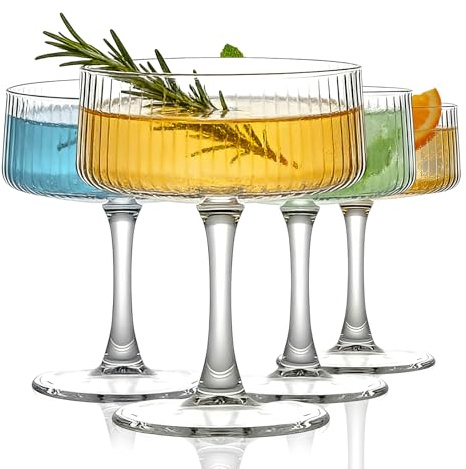 TOLASTO Martini Glasses Set of 4, 260ml Ribbed Coupe Cocktail Glasses, Vintage Champagne Coupe Glasses for Espresso Martini, Prosecco, Cocktails and Desserts