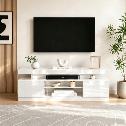 OC Orange-Casual 160 cm TV-Schrank, Weiß TV-Board mit 2 Fach, TV-Regal für Fernseher bis zu 65 Zoll, TV Kommode für Wohnzimmer, Esszimmer, Schlafzimmer, Weiß