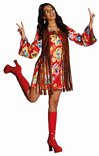 Rubie's 13919-44 Hippie Kostüm Nancy Größe buntes Kleid mit brauner Weste Flower Power Party 70er Jahre (44), Multi-Colored