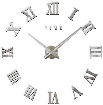 FAS1 Moderne DIY Große Wanduhr Big Armbanduhr Aufkleber 3D Spiegel Aufkleber Römischen Ziffern Wanduhr Home Office Abnehmbarer Dekoration (Akku Nicht Enthalten) Silber