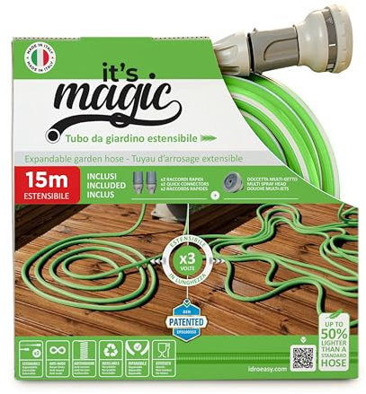 Idroeasy It's Magic Soft Tubo Acqua Estensibile da Giardino 15 Metri, Canna Irrigazione Estendibile x3 Volte, Anti Nodo e Anti Torsione, Materiale Soft Touch, Leggero e Salvaspazio, Made in Italy