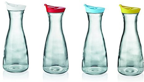 Caraffa in vetro con coperchio, diversi colori (bianco, rosso, blu o giallo) – Contenuto: 1 litri, altezza: 24,5 cm, diametro superiore/inferiore: 6,7/10 cm Gelb