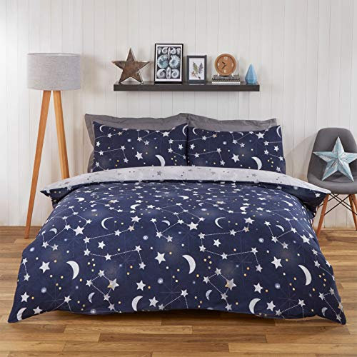Dreamscene Sogno Set di Biancheria da Letto Reversibile con Stampa Cielo Notturno, Policotone, Stelle Blu Navy, Grigie, Singolo