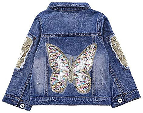 LSHEL Jeansjacke Mädchen Langarm Denim Jacket Kinder Schmetterlinge Übergangsjacke mit Pailletten, Schmetterling, 134-140(körpergröße: 124-128 cm)