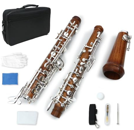 Yinfente Professionelle Oboe, versilbert, Palisander, C-Key links, F-Resonanz, halbautomatisches Holzblasinstrument mit Oboenblatt, Handschuhen, Lederetui, Tragetasche, Reinigungstuch, Kappe, Kork