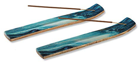 Lot de 2 porte-encens ou brûle-encens pour bâtons Insence, récupérateur de cendres ou brûle-encens pour décoration de la maison, porte-encens en bois de manguier, bleu