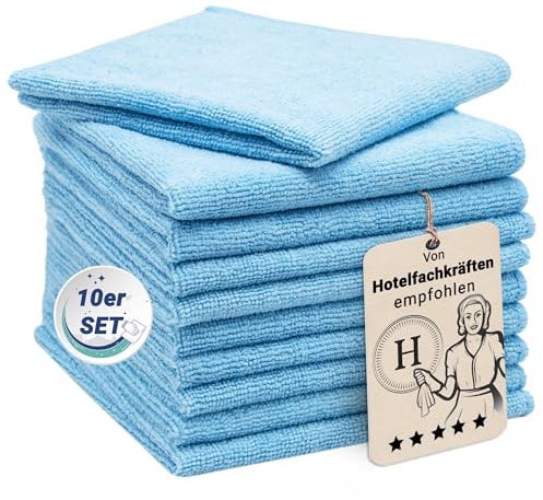 ZOLLNER 10er Set Mikrofasertücher für streifenfreien Glanz - flusenfreie und saugstarke Reinigungstücher - waschbar bis 60°C - 32x32cm in blau - Hotelqualität
