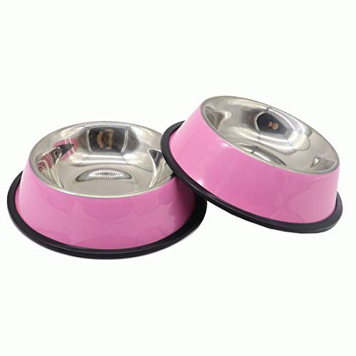 KuTi Kai Cat Bowls, Food Grade Feeding Bowl Cat Stainless Steel Non-slip Cats Bowl Pet Bowl Set 2Pcs/Set (Pink,S)