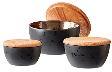 BITZ Schalenset, 3 Schalen/Schüsseln mit Deckel aus Eichenholz, Durchm. 10, 12 & 14 cm, Schwarz/Bronze