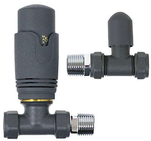SPARES2GO Anthracite Thermostatic Radiator Brass Valve Set Straight Inline 15mm x 1/2 TRV
