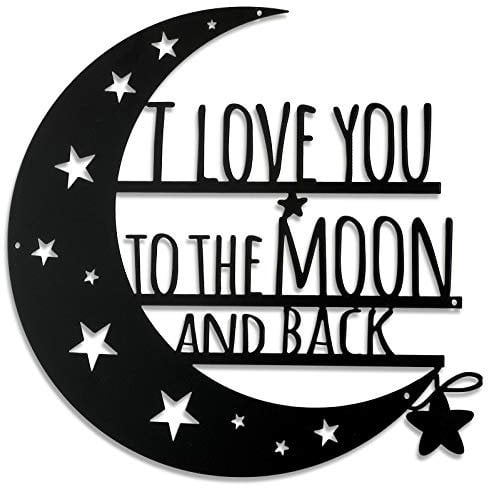 Ripeng I Love You to The Moon and Back Wall Art Moon Metal Wall Decorations Hanging Wall Plaque Sign with Love Quote Monogrammed Home Decor for Anniversary Valentine's Day (Black,12 Inch)