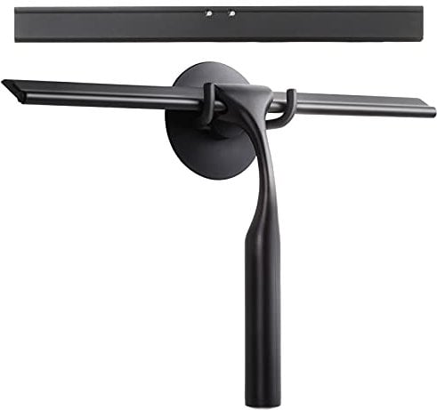 GlobaLink Shower Squeegee, 10 inches Stainless Steel Shower Scrapers with Hanging Suction Hook All-Purpose Bathroom Window Wiper With Replacement Silicone Blade for Shower Door, Mirror-Black