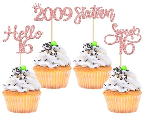 Gyufise 24 Pack Rose Gold Glitter 16th Birthday Cupcake Toppers Hello Sweet 16 Sixteen Since 2009 Cupcake Picks for 16th Birthday Party Cake Decorations Supplies
