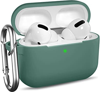 Ouwegaga Kompatibel mit AirPods Pro Hülle - Stoßfeste Silikon Case Schutzhülle [Front-LED Sichtbar] mit Karabiner Kompatibel mit Apple AirPods Pro 2019, Kieferngrün