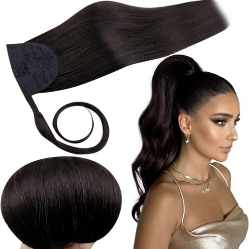 RUNATURE Ponytail Echthaar Extensions Schwarz Zopf Haarverlängerung Pferdeschwanz Echthaar Extensions Clip in Zopf Extensions Echthaar Zopf 30cm 12 Zoll #1B Aus Schwarz 70g