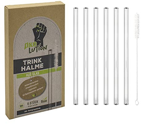 Ökolution Lot de 6 pailles en verre, longueur 15 cm, réutilisables et respectueuses de l'environnement, avec brosse de nettoyage pratique, Ø env. 10 mm, emballage en carton durable FSC, 465