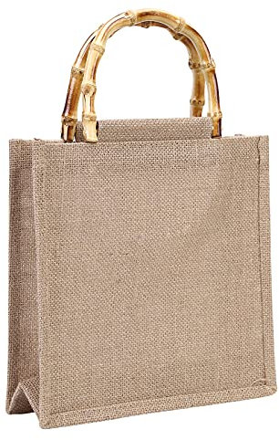 Demiawaking Borsa in Iuta con con Manico in Bambù Borsa da Spiaggia in Juta Donna Borsa per la Spesa Riutilizzabile Vintage Borsa Shopper Juta per Confezione Regalo, Natale, Compleanno (26x27x10cm)