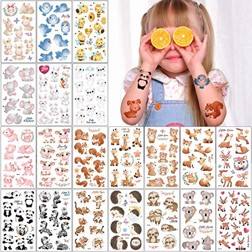 Tattoo Kinder, 20 Blätter Süße Tiere Temporäre Tattoo Aufkleber Set für Mädchen Jungen Kindertattoos Wasserdicht für Geburtstagsgeschenke Kindergeburtstag Mitgebsel Festival Party Deko