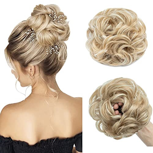 Rich Choices Haarteil Echthaar mit Gummiband, VOLUMINÖS Dutt Haarteil, Haargummi mit Haarn, Haarteil Gutt, Hair Bun, 55g Dunkelblond bis Bleichblond