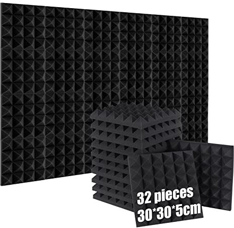 Lot de 32 Mousse Acoustique, 30 * 30 * 5cm Mousse Phonique Anti Bruit Haute Densité Ignifuges, Absorption Acoustique, pour Salle de Cinéma Maison, Studios d'enregistrement, Salles de Musique