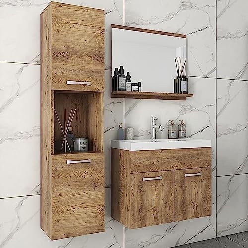 MINIO go for it - 3-Teilig Badmöbel Set Monal I Hängeschrank I Spiegel mit Regal I Schrank mit Waschbecken I Laminierte Spannplatte I Griffe und Beschläge aus Metall I Kastanien Breslau