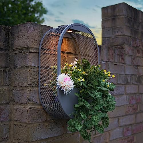 Festive Lights - Fioriera da parete ovale da 50 cm a energia solare grigia con luce LED bianca calda - Design resistente alle intemperie IP44 - Cestino moderno in metallo per esterni, per fiori